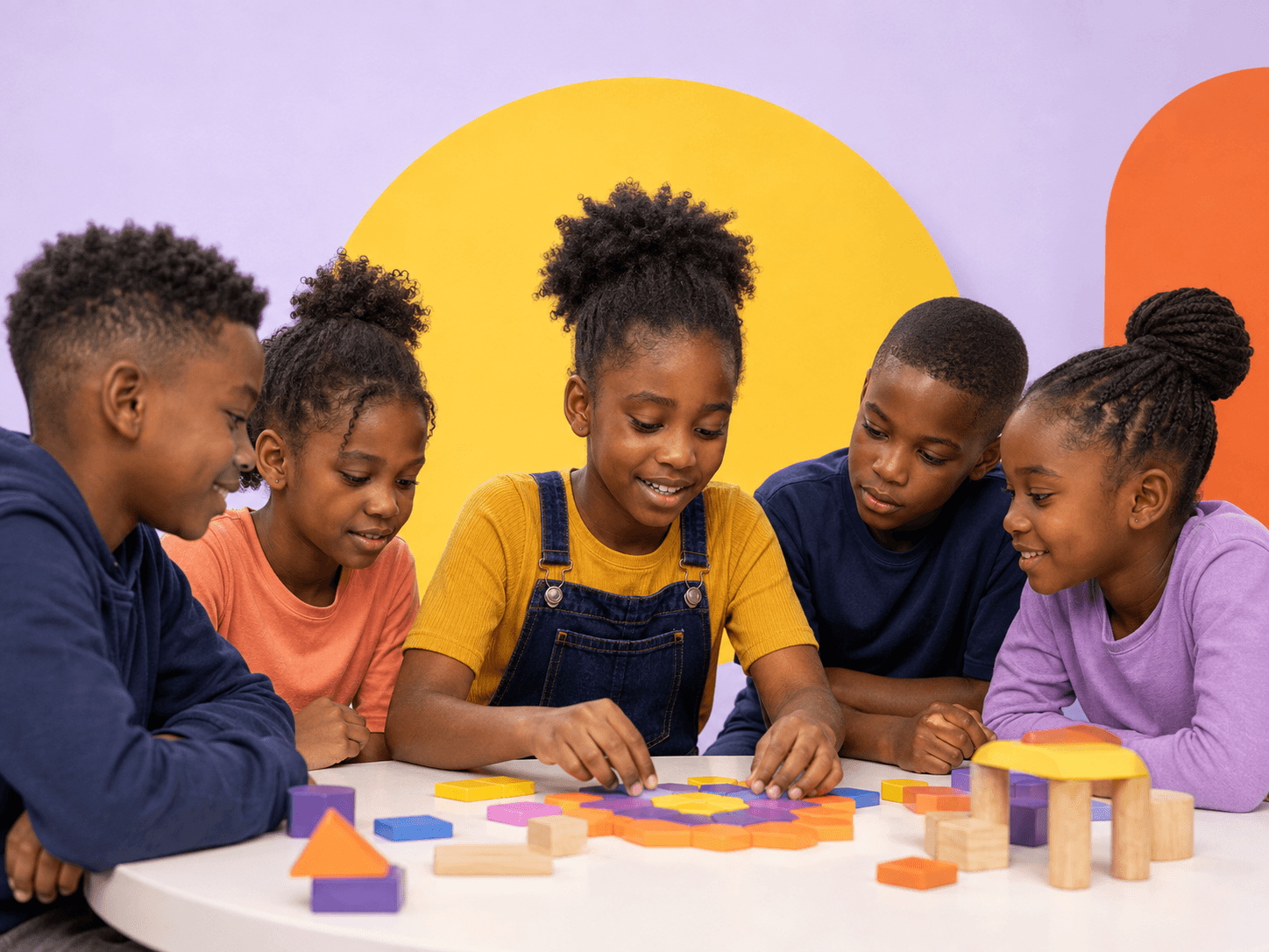 A Kenyan child leading a pattern activity with a supportive group of children