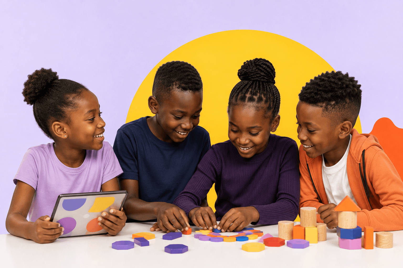 Four Kenyan children exploring patterns together with a tablet and colourful learning pieces