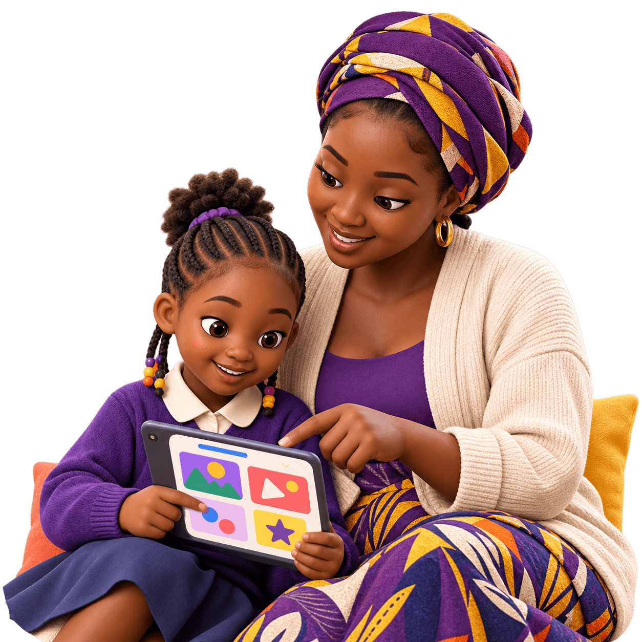 A parent helping their child get started on a tablet